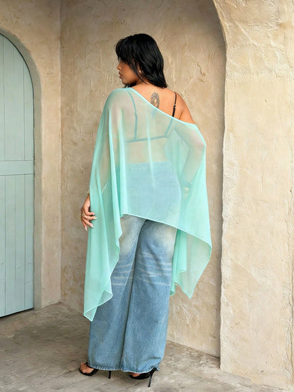 Rustia Plus Size Mint Blue Semi Sheer Woven Fabric Asymmetrical Neck Cloak Plus Size Blouse For Parties