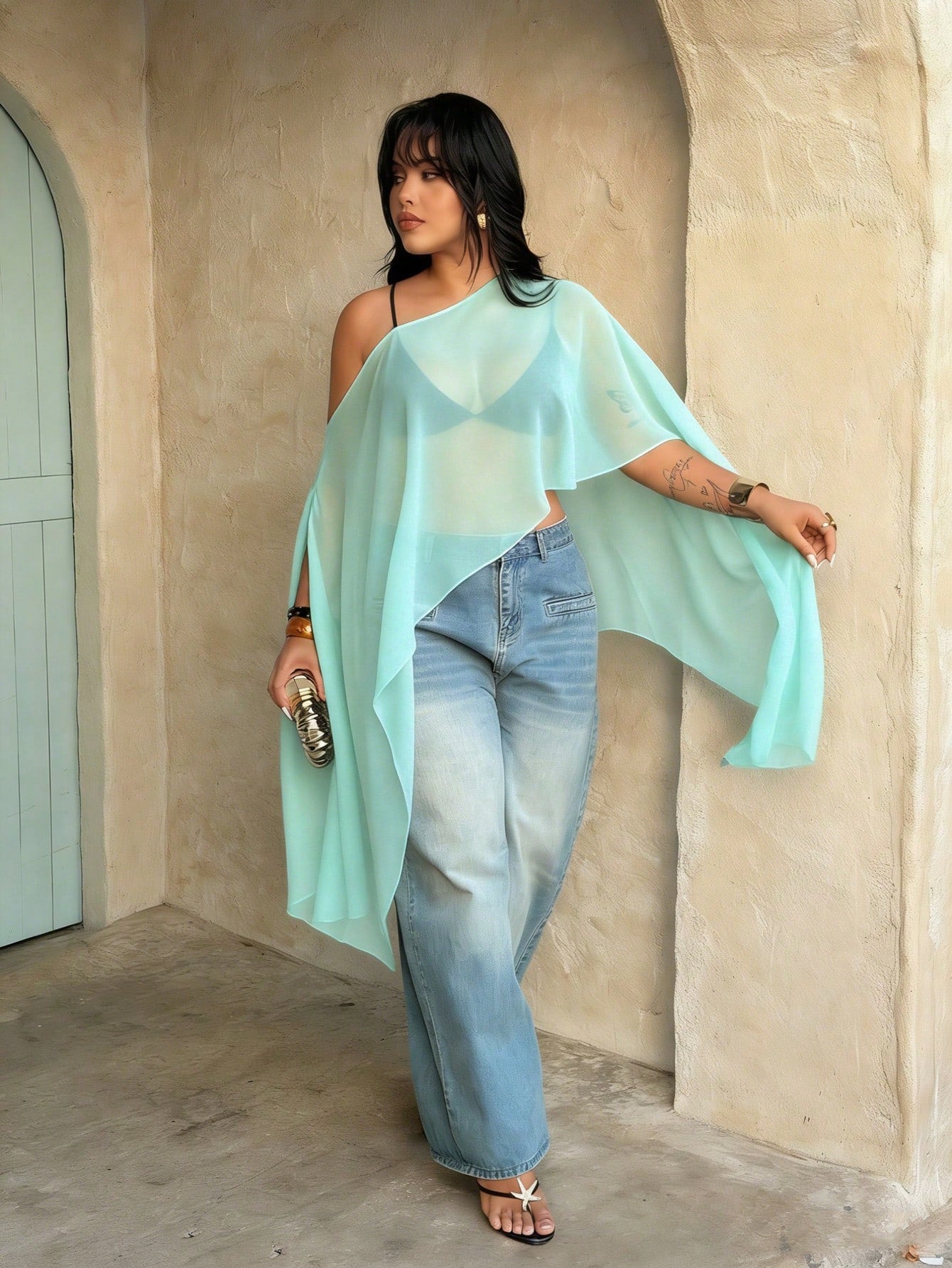 Rustia Plus Size Mint Blue Semi Sheer Woven Fabric Asymmetrical Neck Cloak Plus Size Blouse For Parties