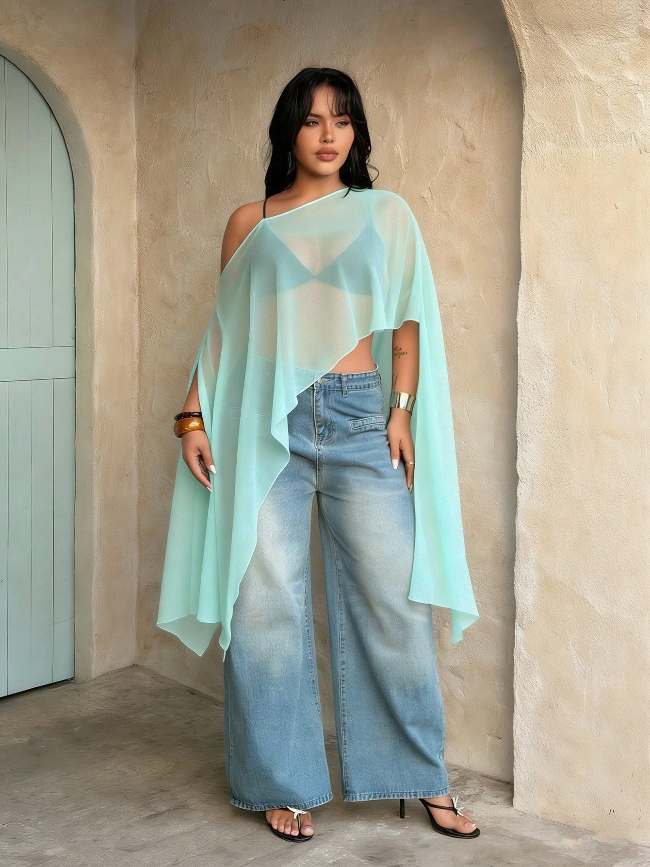 Rustia Plus Size Mint Blue Semi Sheer Woven Fabric Asymmetrical Neck Cloak Plus Size Blouse For Parties
