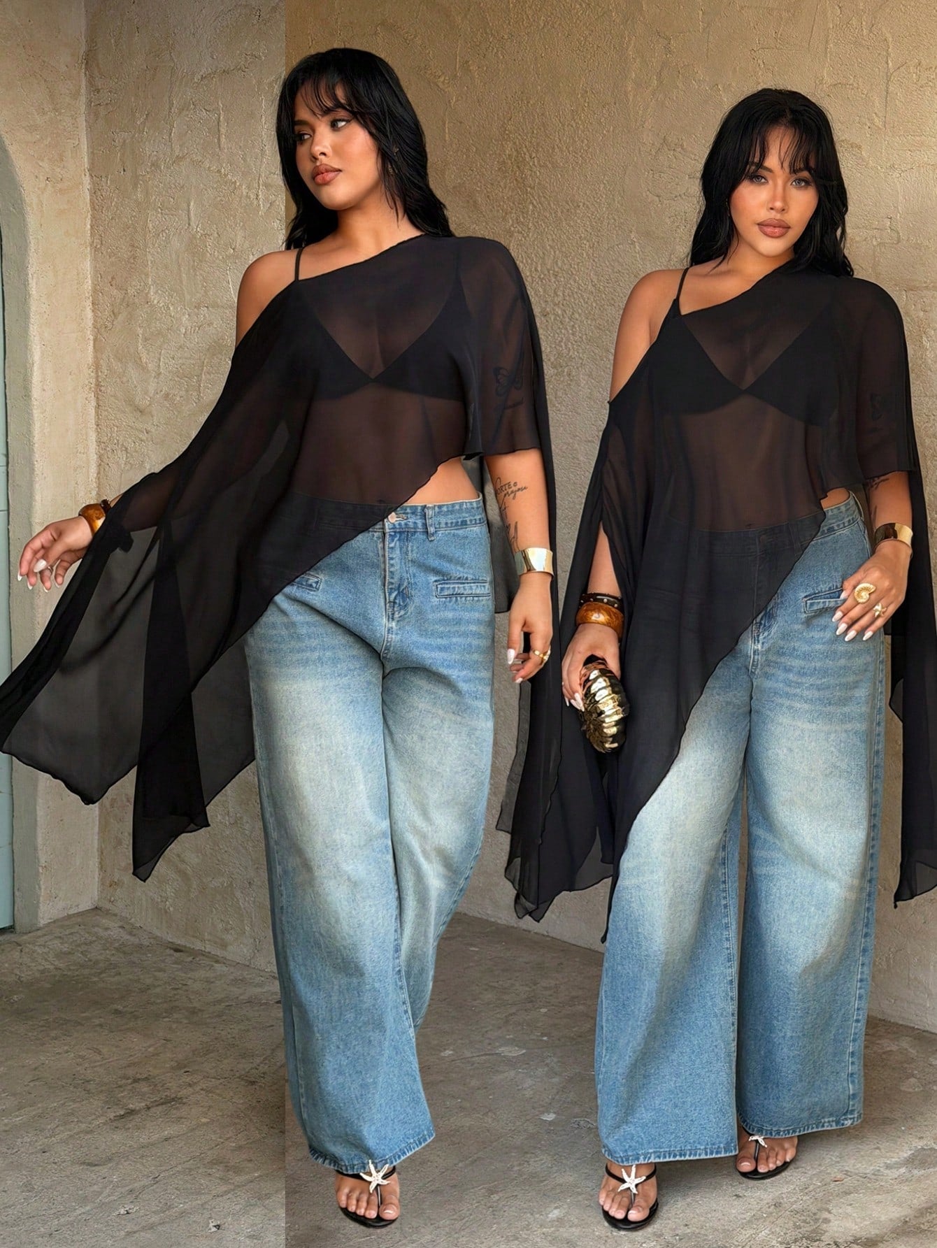 Rustia Plus Size Mint Blue Semi Sheer Woven Fabric Asymmetrical Neck Cloak Plus Size Blouse For Parties