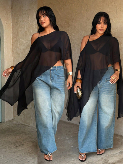 Rustia Plus Size Mint Blue Semi Sheer Woven Fabric Asymmetrical Neck Cloak Plus Size Blouse For Parties