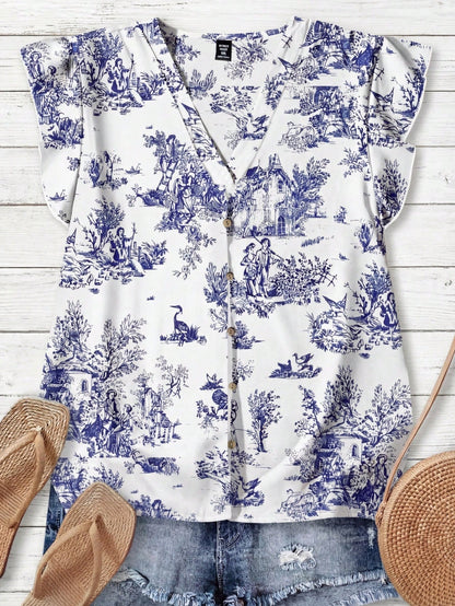 Rusticease Women's Casual Floral Pattern V-Neck Blouse, Suitable For Summer V Neck Blouses Women Fall Clothes Chic
