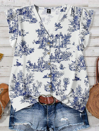 Rusticease Women's Casual Floral Pattern V-Neck Blouse, Suitable For Summer V Neck Blouses Women Fall Clothes Chic