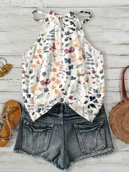 Rusticease Women's Retro Boho Floral Halter Neck Camisole, Suitable For Spring/Summer Vacation Beach Beige