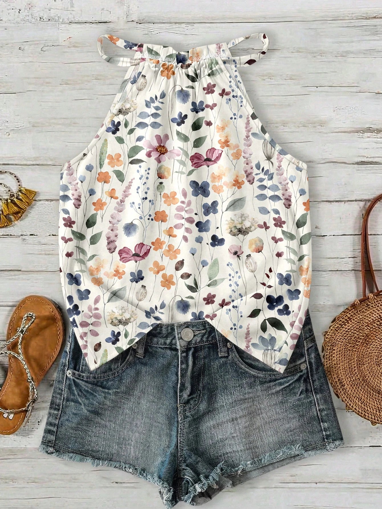 Rusticease Women's Retro Boho Floral Halter Neck Camisole, Suitable For Spring/Summer Vacation Beach Beige