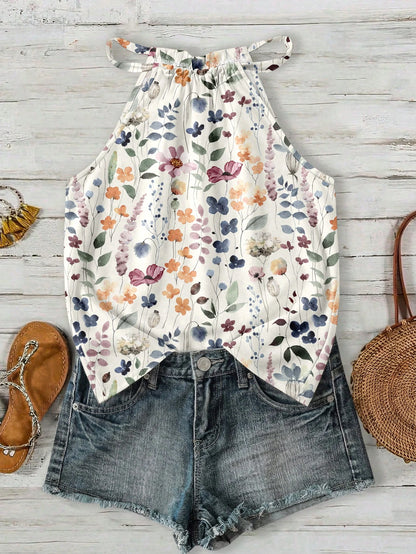 Rusticease Women's Retro Boho Floral Halter Neck Camisole, Suitable For Spring/Summer Vacation Beach Beige