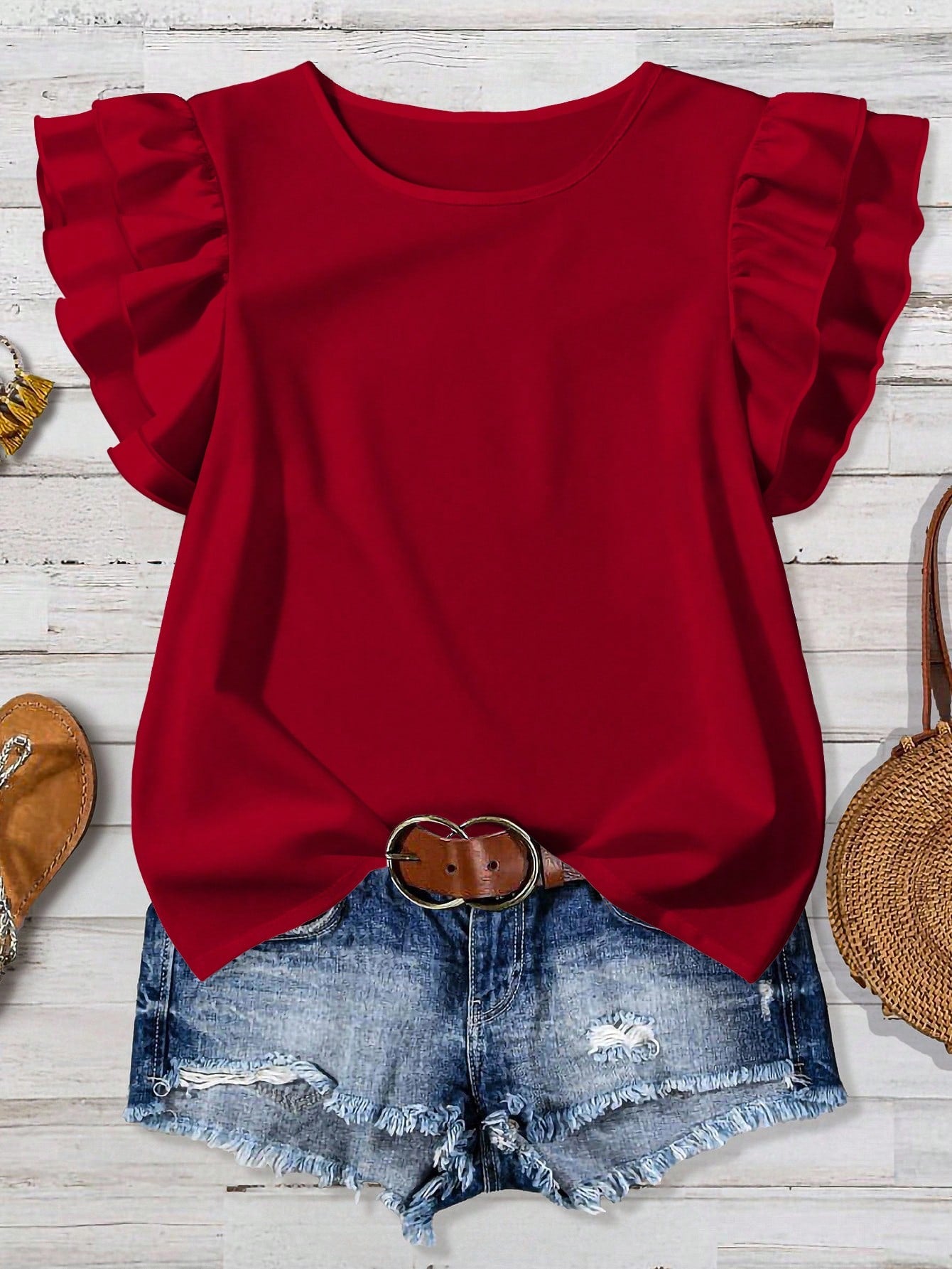 Rusticease Women's Solid Color Round Neck Cap Sleeve Ruffle Hem Elegant Blouse Spring Red Ruffle Sleeve Top