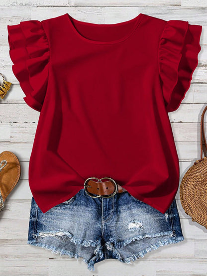 Rusticease Women's Solid Color Round Neck Cap Sleeve Ruffle Hem Elegant Blouse Spring Red Ruffle Sleeve Top
