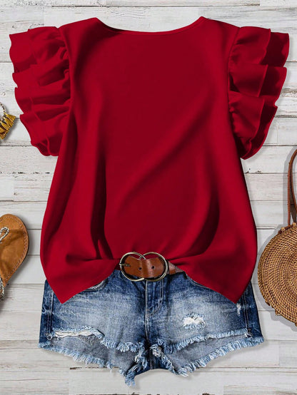 Rusticease Women's Solid Color Round Neck Cap Sleeve Ruffle Hem Elegant Blouse Spring Red Ruffle Sleeve Top