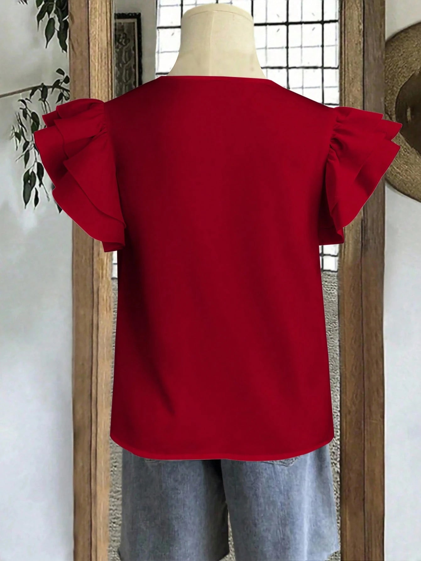 Rusticease Women's Solid Color Round Neck Cap Sleeve Ruffle Hem Elegant Blouse Spring Red Ruffle Sleeve Top