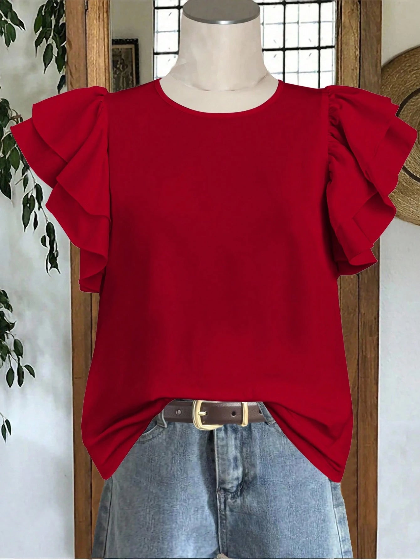 Rusticease Women's Solid Color Round Neck Cap Sleeve Ruffle Hem Elegant Blouse Spring Red Ruffle Sleeve Top