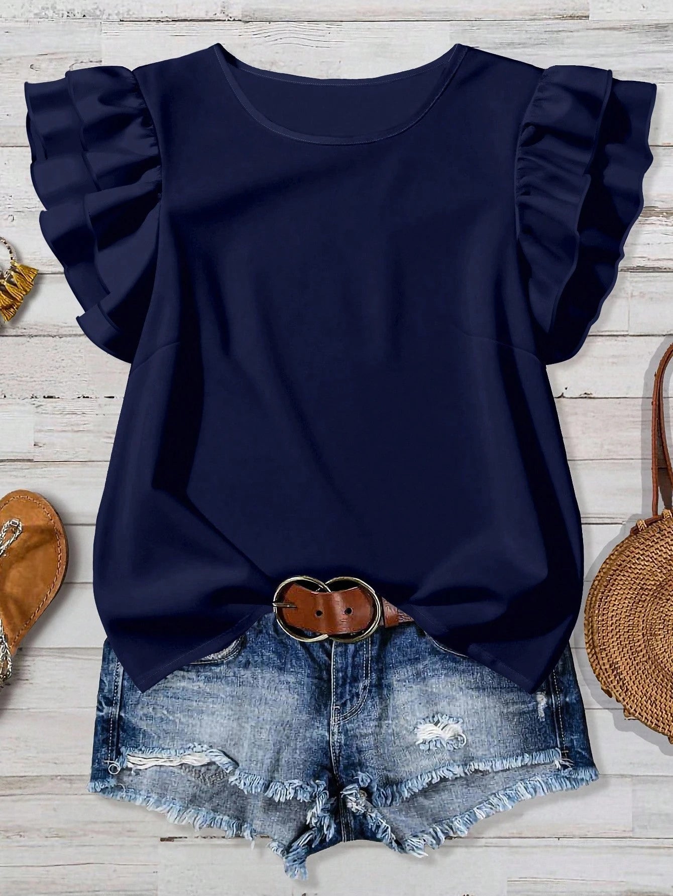 Rusticease Women's Solid Color Round Neck Cap Sleeve Ruffle Hem Elegant Blouse Spring Red Ruffle Sleeve Top