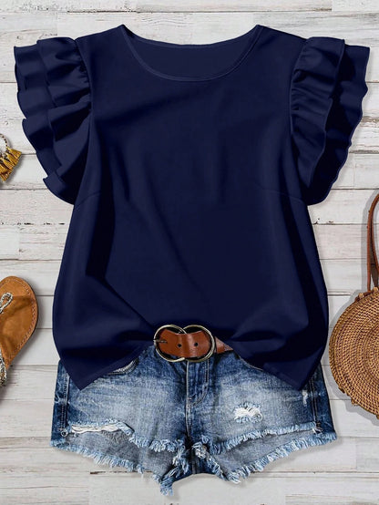 Rusticease Women's Solid Color Round Neck Cap Sleeve Ruffle Hem Elegant Blouse Spring Red Ruffle Sleeve Top