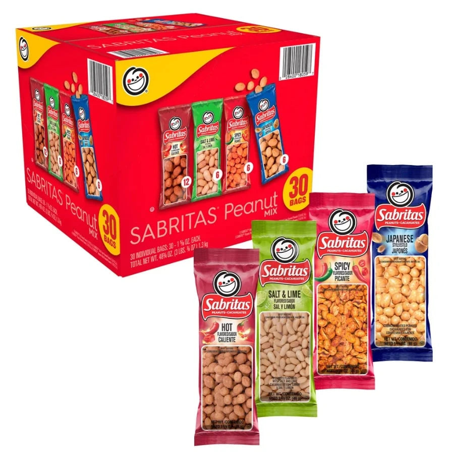 Sabritas Peanuts Variety Pack, Assorted Flavors, 1.625 Oz Bags, 30 Count