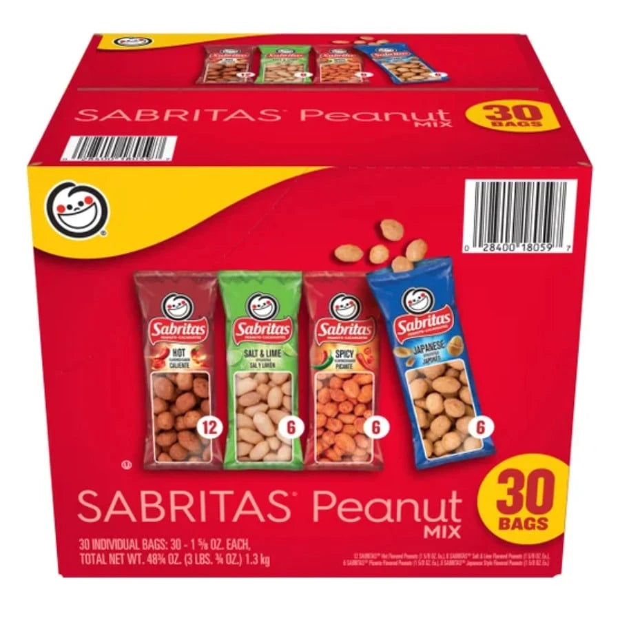 Sabritas Peanuts Variety Pack, Assorted Flavors, 1.625 Oz Bags, 30 Count