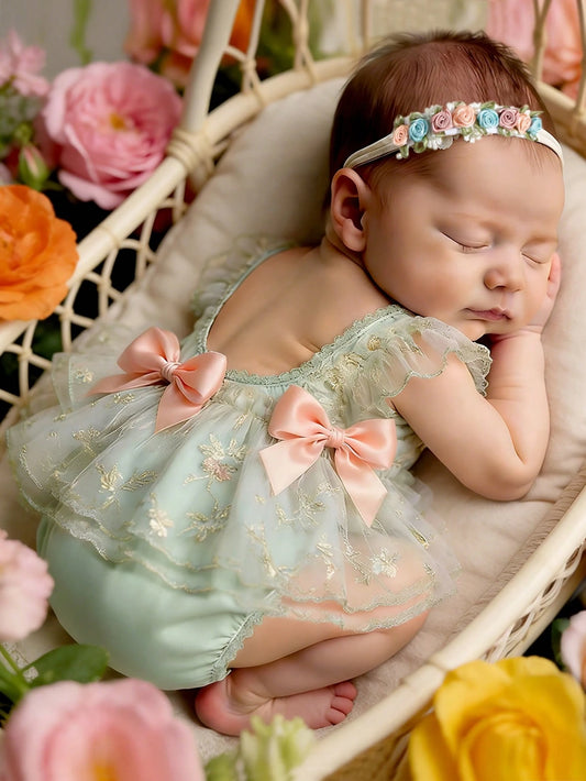 Sage Green Newborn Photography Outfits Baby Girl Lace Embroidery Romper Dress With Floral Headband Summer Formal Wedding Baby Shower Kawaii