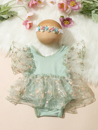 Sage Green Newborn Photography Outfits Baby Girl Lace Embroidery Romper Dress With Floral Headband Summer Formal Wedding Baby Shower Kawaii