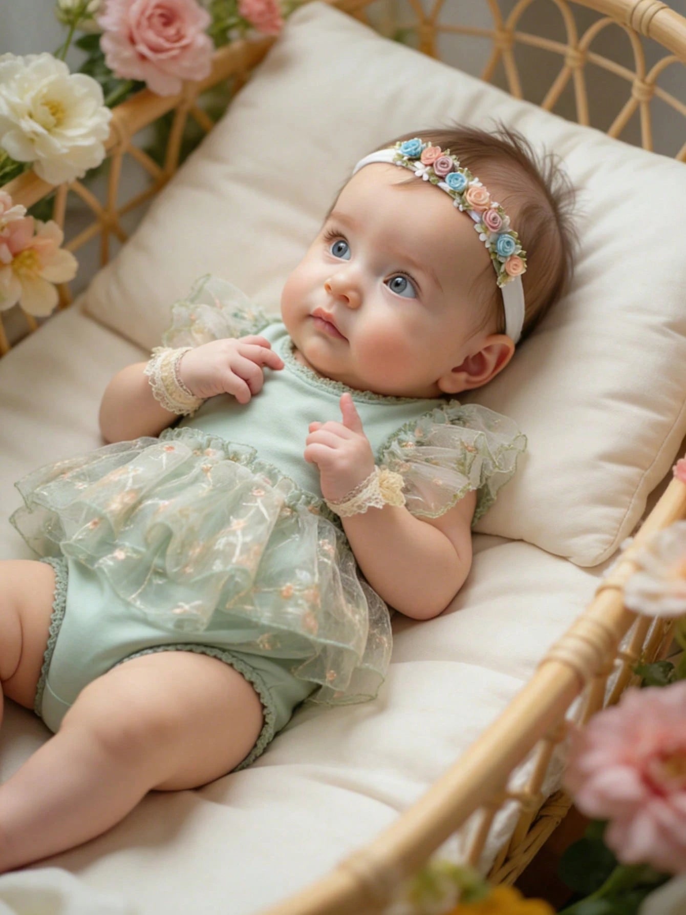 Sage Green Newborn Photography Outfits Baby Girl Lace Embroidery Romper Dress With Floral Headband Summer Formal Wedding Baby Shower Kawaii