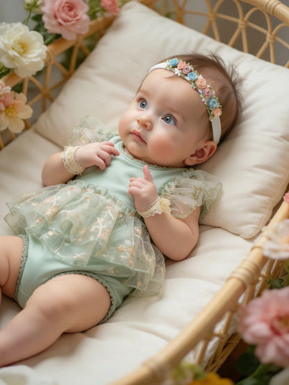Sage Green Newborn Photography Outfits Baby Girl Lace Embroidery Romper Dress With Floral Headband Summer Formal Wedding Baby Shower Kawaii