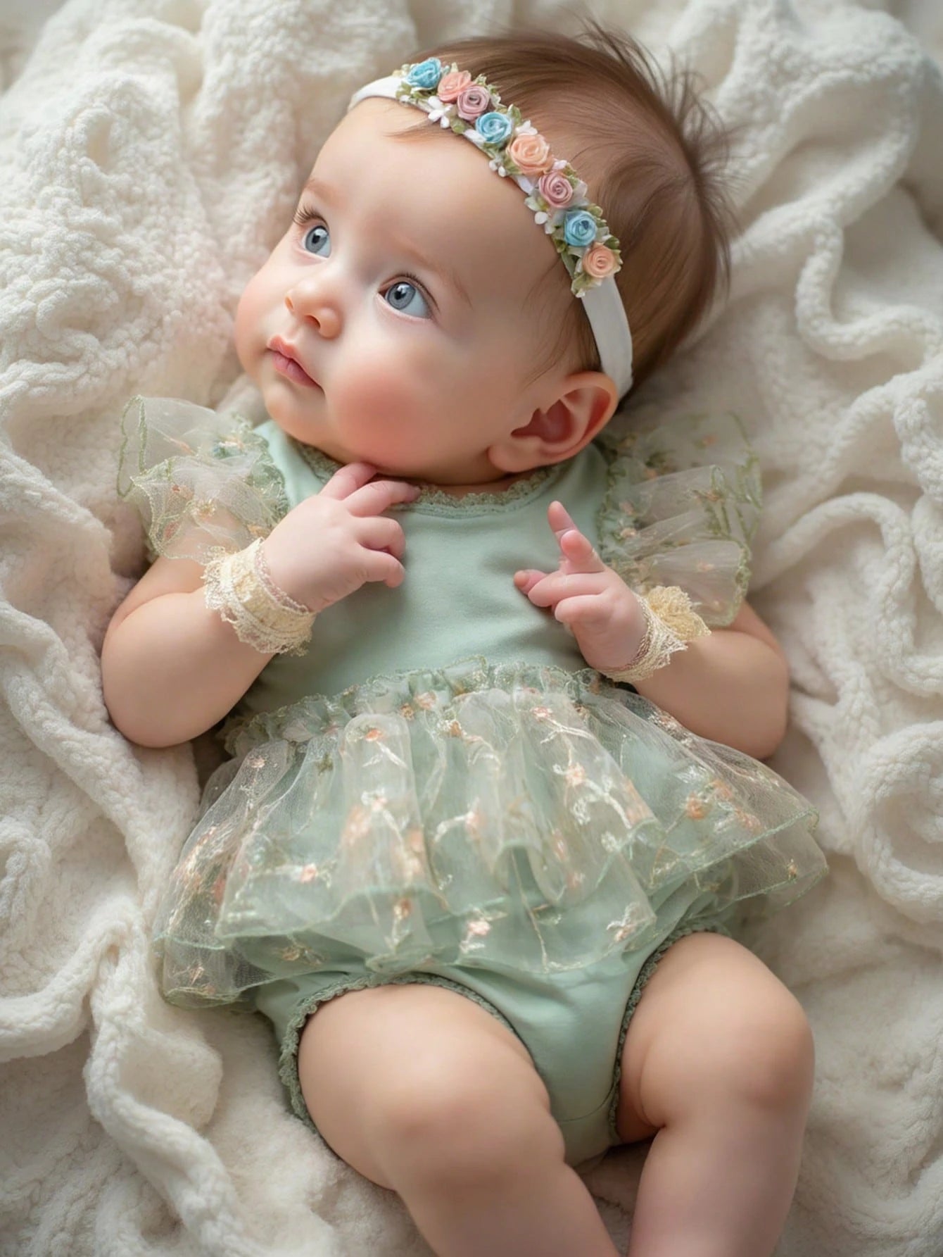 Sage Green Newborn Photography Outfits Baby Girl Lace Embroidery Romper Dress With Floral Headband Summer Formal Wedding Baby Shower Kawaii