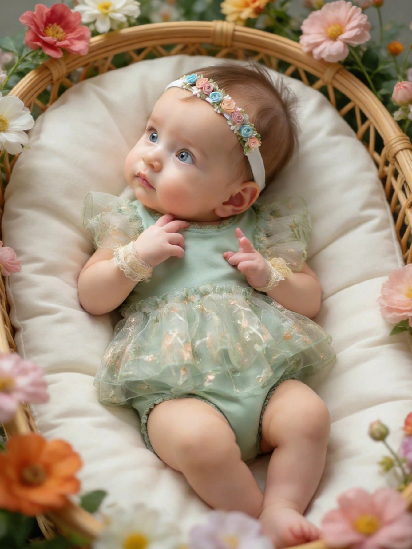 Sage Green Newborn Photography Outfits Baby Girl Lace Embroidery Romper Dress With Floral Headband Summer Formal Wedding Baby Shower Kawaii