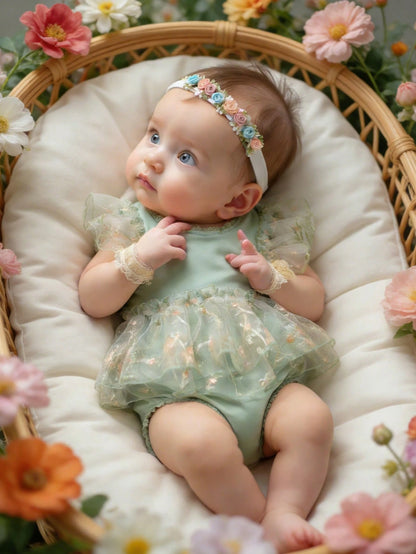Sage Green Newborn Photography Outfits Baby Girl Lace Embroidery Romper Dress With Floral Headband Summer Formal Wedding Baby Shower Kawaii