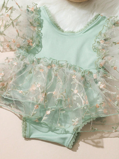 Sage Green Newborn Photography Outfits Baby Girl Lace Embroidery Romper Dress With Floral Headband Summer Formal Wedding Baby Shower Kawaii