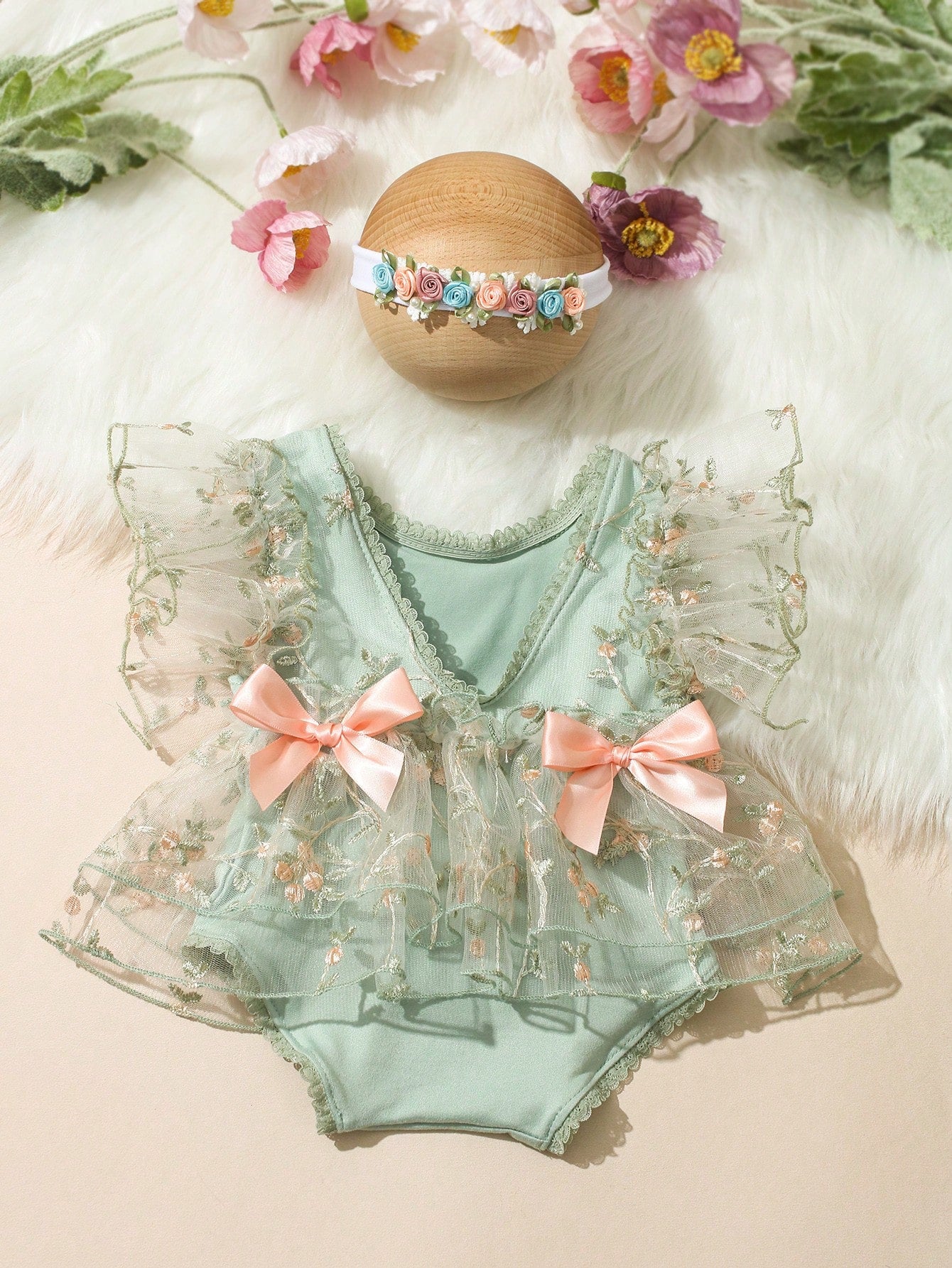 Sage Green Newborn Photography Outfits Baby Girl Lace Embroidery Romper Dress With Floral Headband Summer Formal Wedding Baby Shower Kawaii
