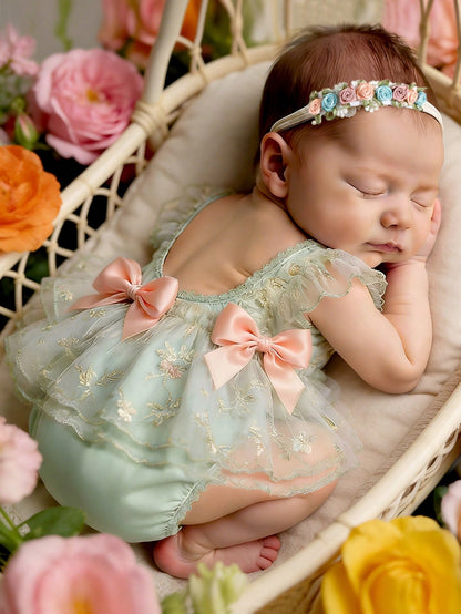 Sage Green Newborn Photography Outfits Baby Girl Lace Embroidery Romper Dress With Floral Headband Summer Formal Wedding Baby Shower Kawaii