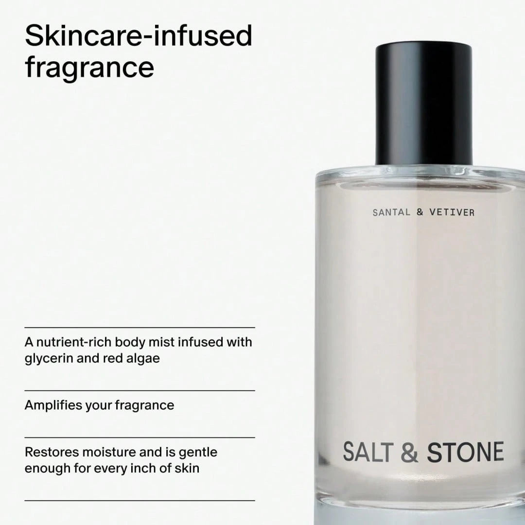 Salt & Stone Body Mist| Santal & Vetiver| Skincare Infused Hair & Body Spray For Women And Men| Hydrating Fragrance With Glycerin And Red Algae| Vegan, Cruelty Free, 3.4 Fl Oz