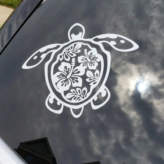 Sea Turtle Hibiscus Flower Car Sticker, Vinyl Die-Cut Floral Turtle Decal For Car Truck Window Laptop, Cute Car Decor Accessories