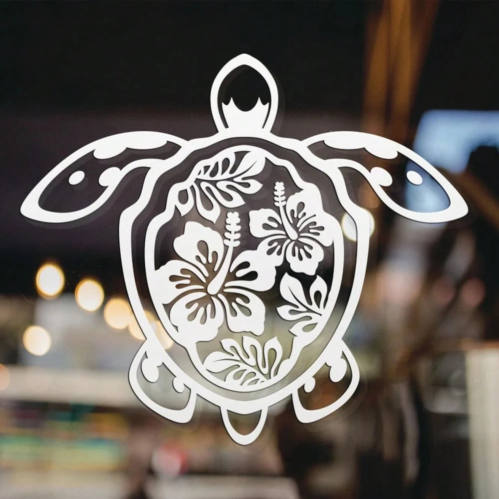 Sea Turtle Hibiscus Flower Car Sticker, Vinyl Die-Cut Floral Turtle Decal For Car Truck Window Laptop, Cute Car Decor Accessories