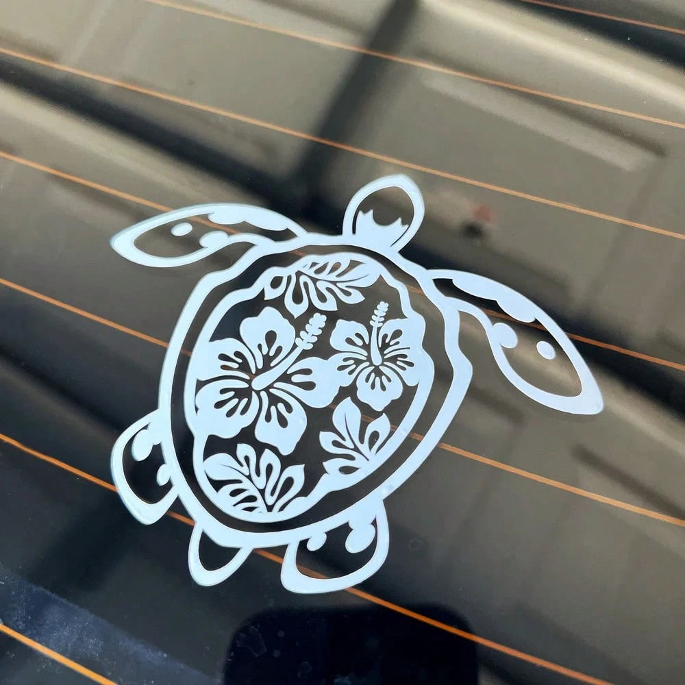 Sea Turtle Hibiscus Flower Car Sticker, Vinyl Die-Cut Floral Turtle Decal For Car Truck Window Laptop, Cute Car Decor Accessories
