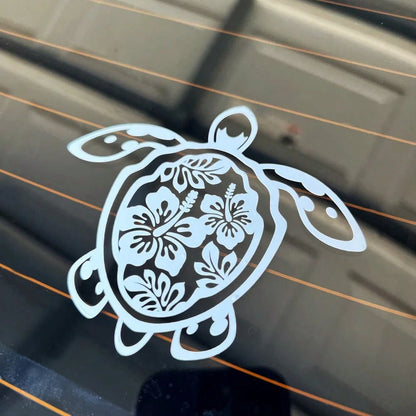 Sea Turtle Hibiscus Flower Car Sticker, Vinyl Die-Cut Floral Turtle Decal For Car Truck Window Laptop, Cute Car Decor Accessories