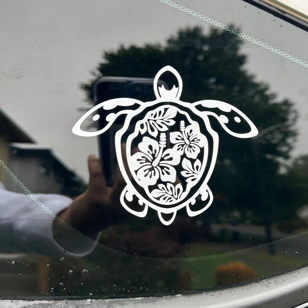 Sea Turtle Hibiscus Flower Car Sticker, Vinyl Die-Cut Floral Turtle Decal For Car Truck Window Laptop, Cute Car Decor Accessories
