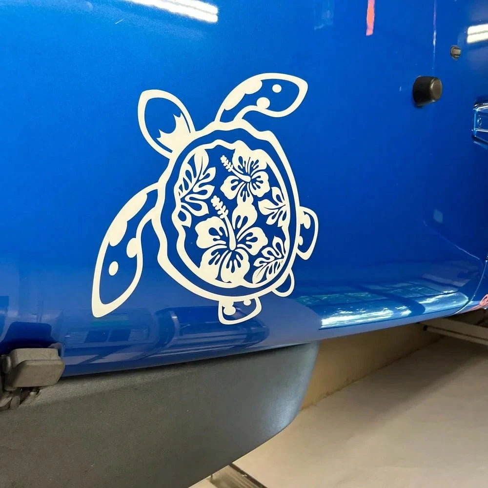 Sea Turtle Hibiscus Flower Car Sticker, Vinyl Die-Cut Floral Turtle Decal For Car Truck Window Laptop, Cute Car Decor Accessories