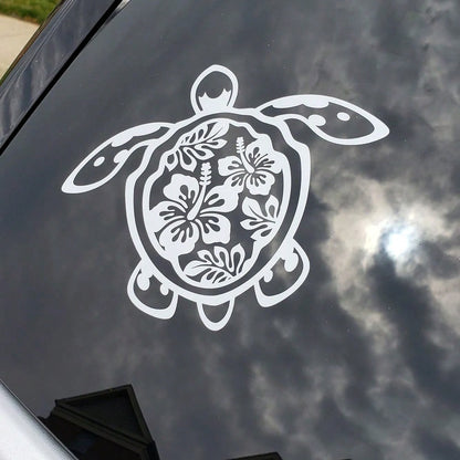 Sea Turtle Hibiscus Flower Car Sticker, Vinyl Die-Cut Floral Turtle Decal For Car Truck Window Laptop, Cute Car Decor Accessories