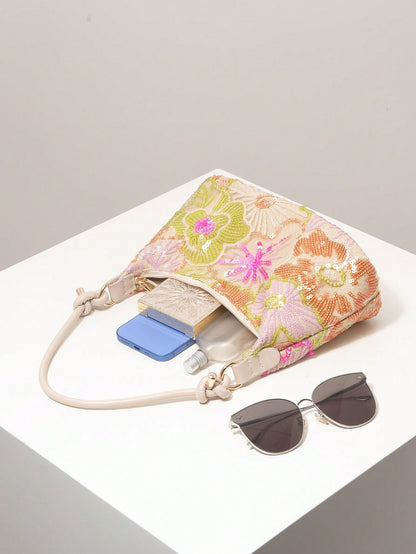 Sequin Shoulder Bag, Floral Embroidered Bag, Elegant Party Clutch, Prom Accessory, Wedding Supplies, Fashion Women Handbag, Gift For Her, Vintage Look