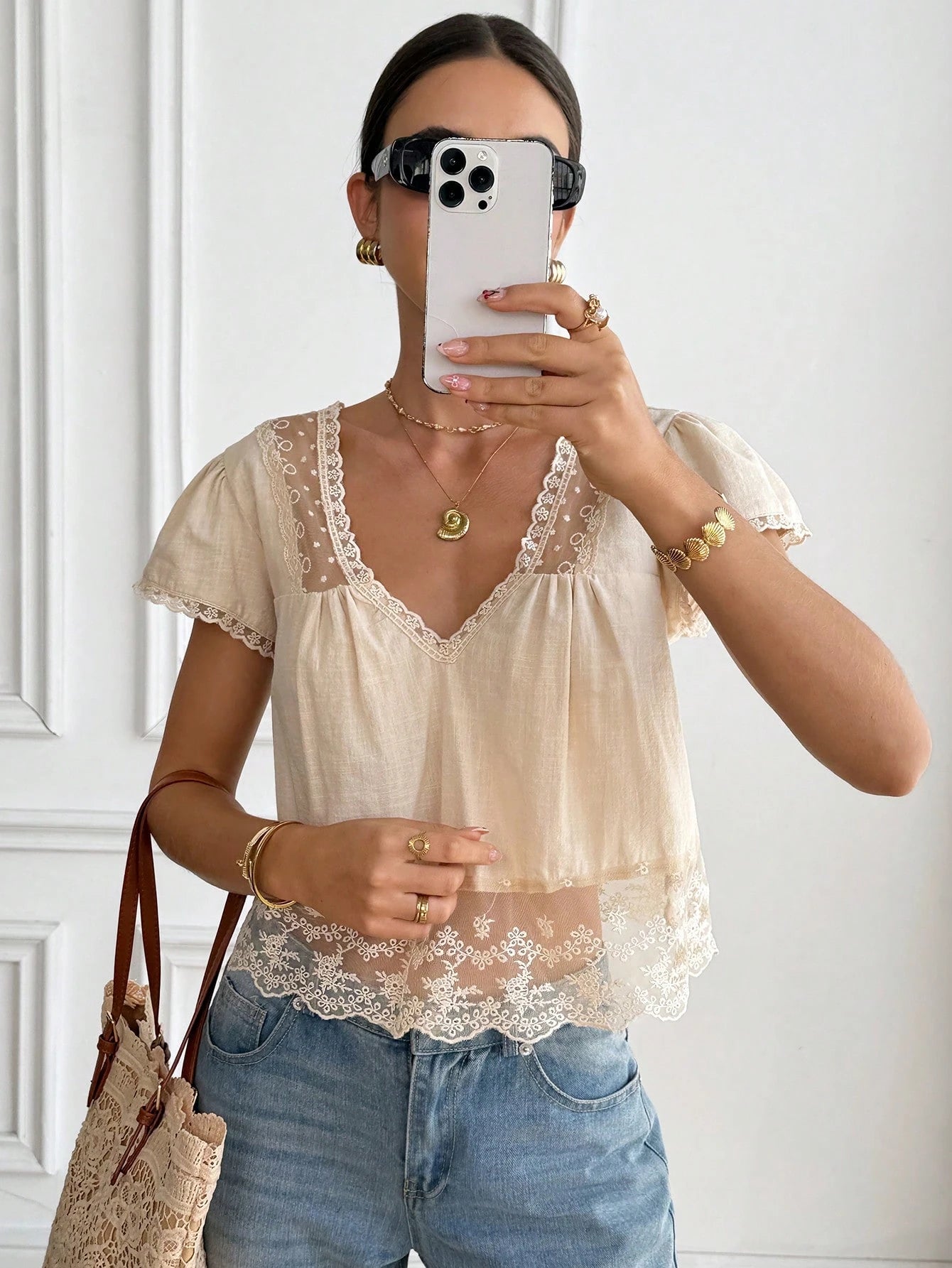 Serisse Women's Apricot 100% Cotton Lace Patchwork Blouse,Elegant V-Neck Twist Backless Tie Babydoll Top,French Niche Puff Sleeve Summer Top For Date Night