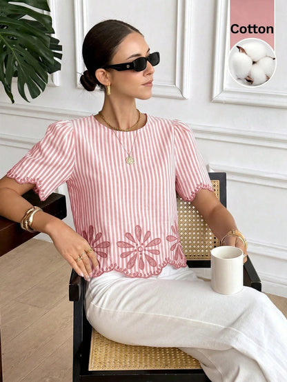 Serisse Women's Striped Print Round Neck Short Sleeve Shirt Elegant