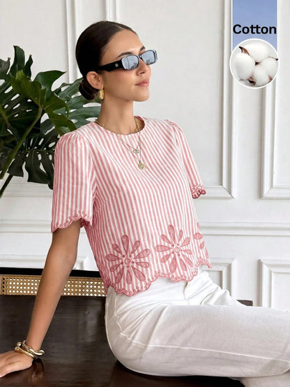 Serisse Women's Striped Print Round Neck Short Sleeve Shirt Elegant