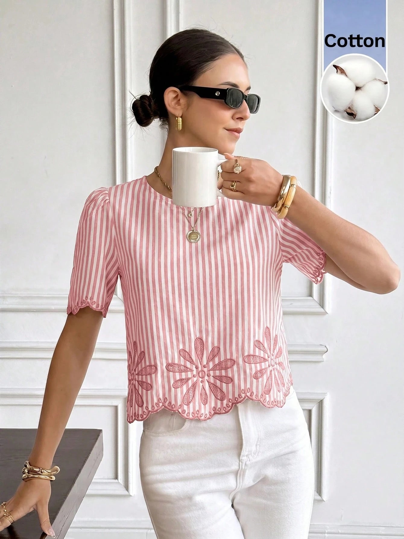 Serisse Women's Striped Print Round Neck Short Sleeve Shirt Elegant