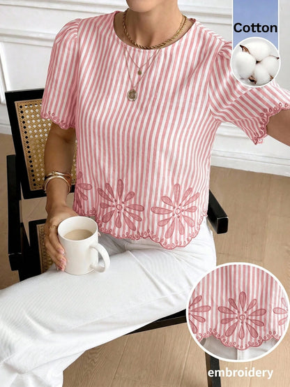 Serisse Women's Striped Print Round Neck Short Sleeve Shirt Elegant