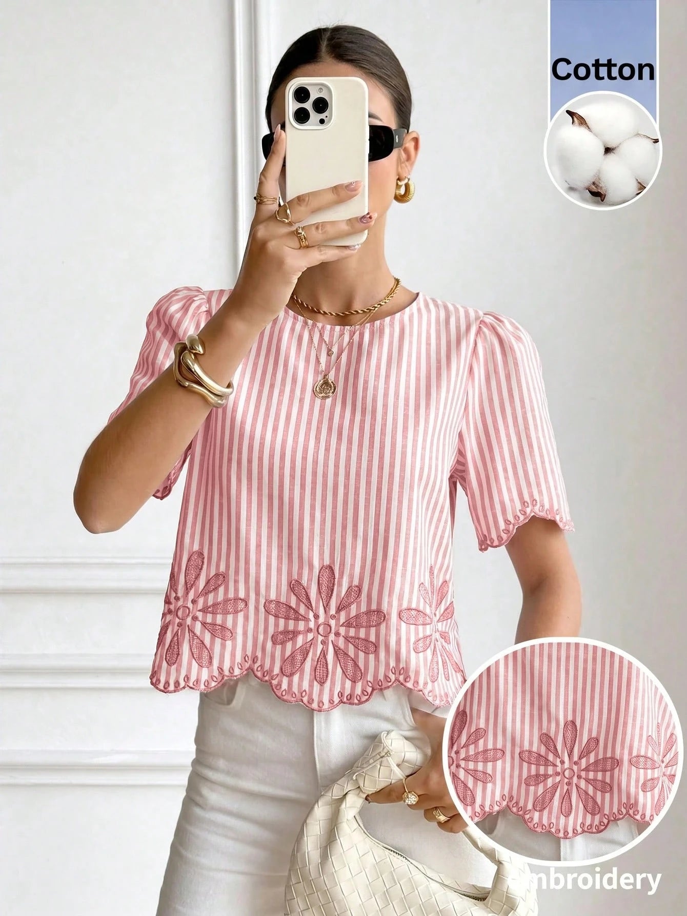 Serisse Women's Striped Print Round Neck Short Sleeve Shirt Elegant