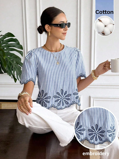 Serisse Women's Striped Print Round Neck Short Sleeve Shirt Elegant