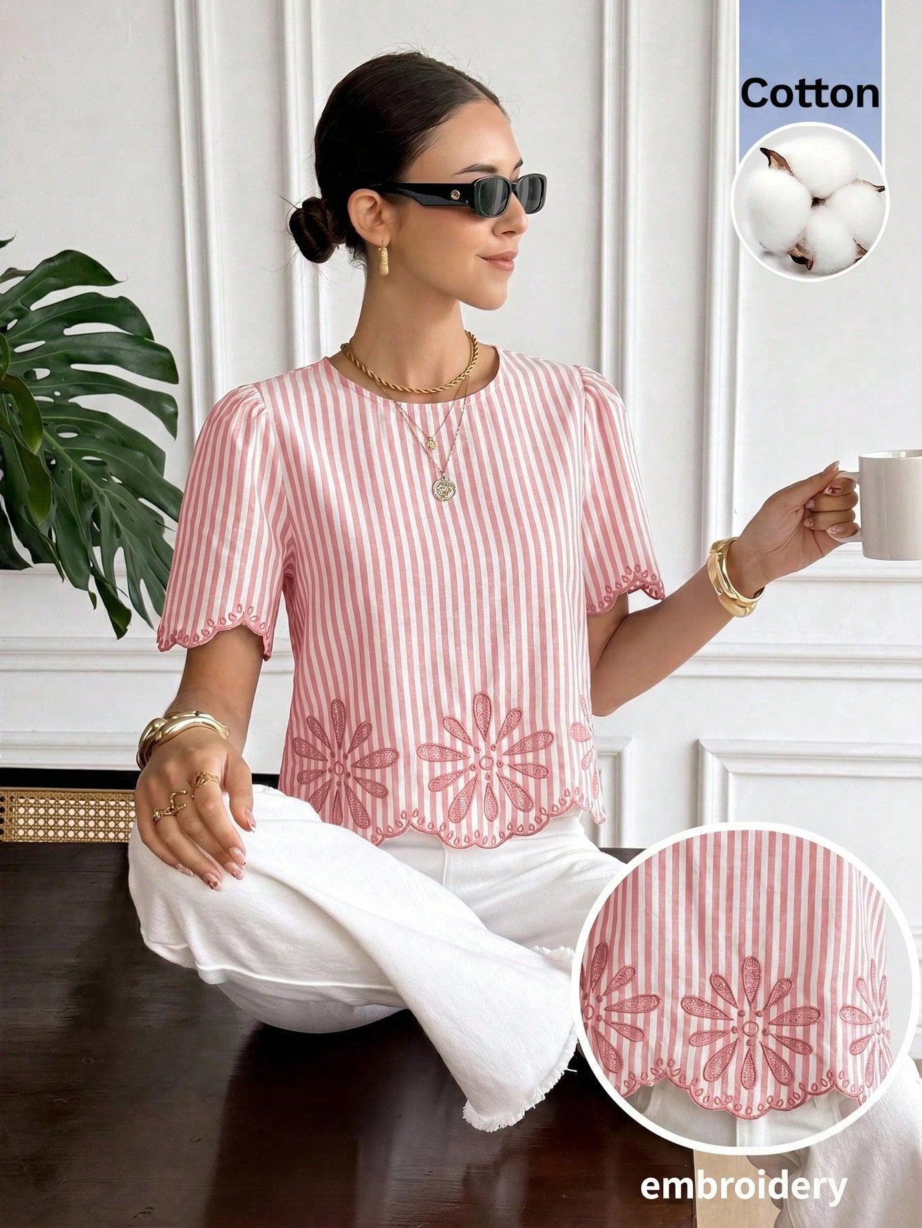Serisse Women's Striped Print Round Neck Short Sleeve Shirt Elegant