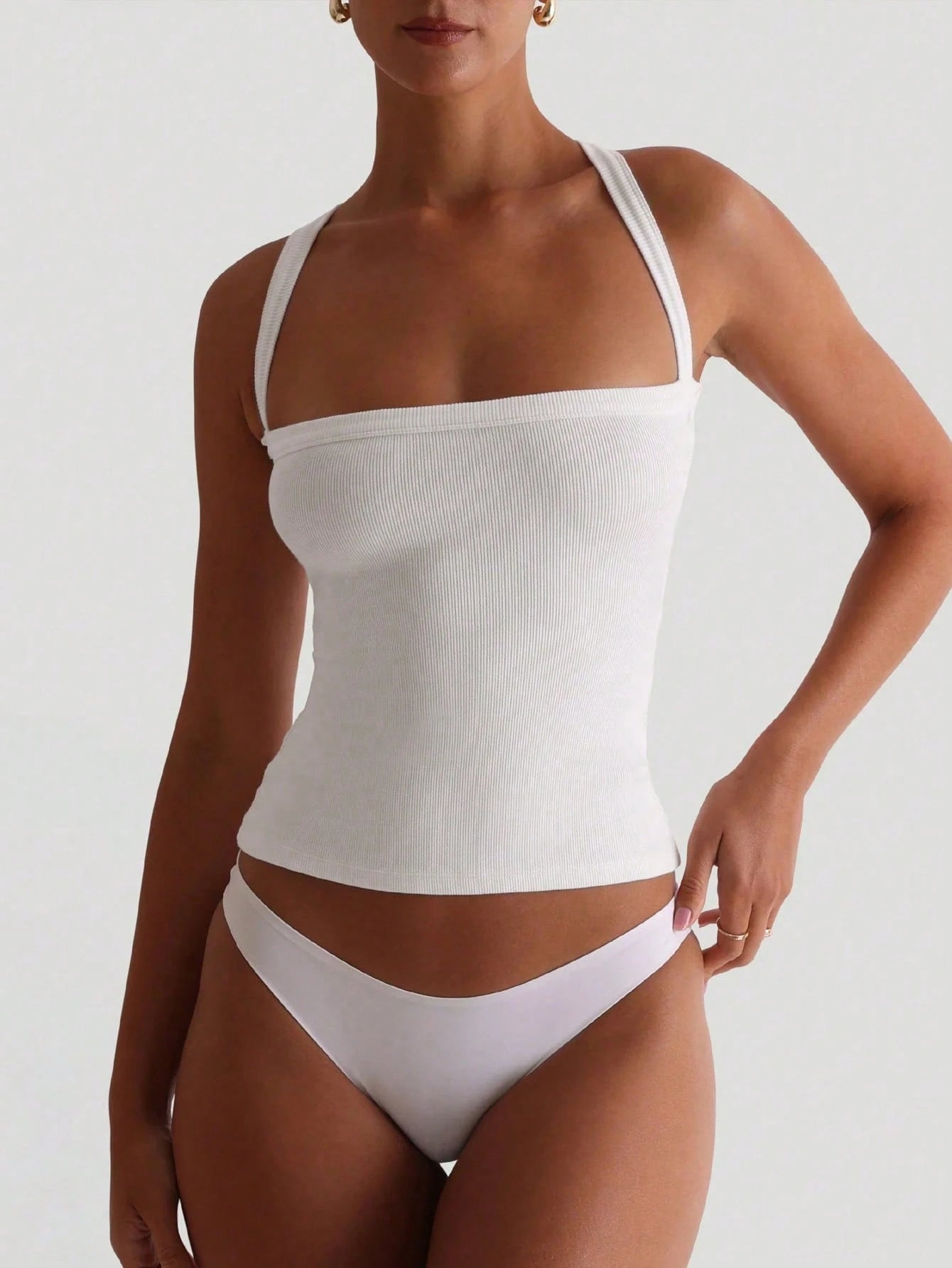 Sexy Open Back Knit Camisole White Crop Top, Stretchy Casual Fitted Women's Summer Clothing, Back To School Season