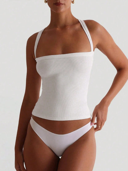 Sexy Open Back Knit Camisole White Crop Top, Stretchy Casual Fitted Women's Summer Clothing, Back To School Season