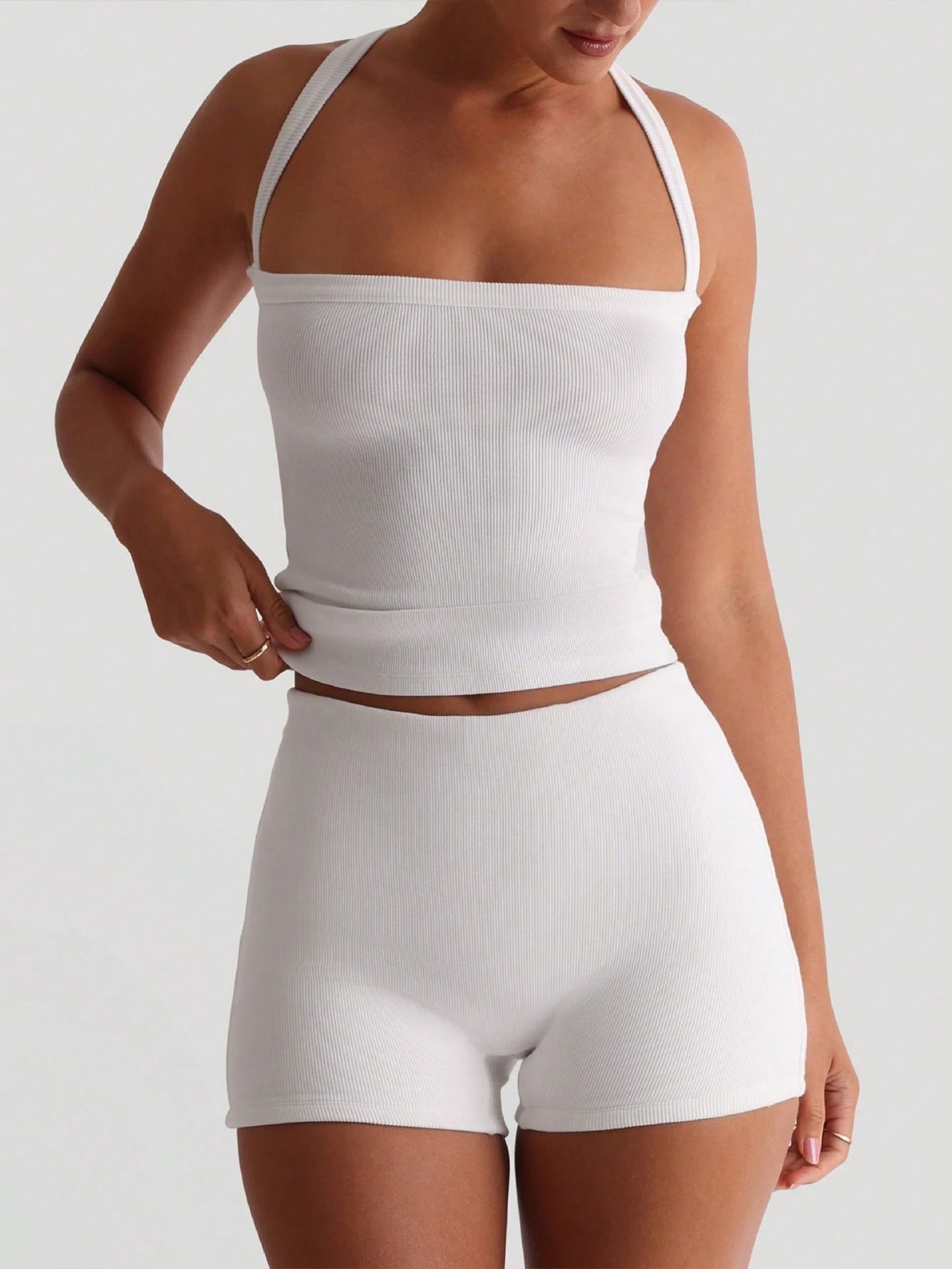 Sexy Open Back Knit Camisole White Crop Top, Stretchy Casual Fitted Women's Summer Clothing, Back To School Season