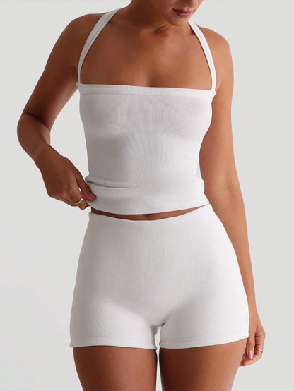 Sexy Open Back Knit Camisole White Crop Top, Stretchy Casual Fitted Women's Summer Clothing, Back To School Season